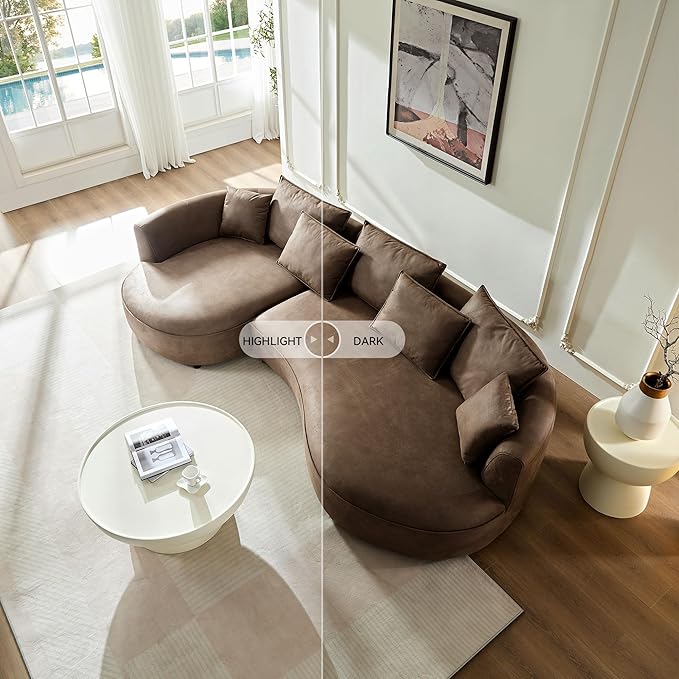 KEIKI 129" Curved Oversized Modular Leathaire Sectional Sofa with Left Chaise, 4 Pillows, 3 Back Cushion, Modern Style Comfy 5-Seater Couch, Easy Assembly, for Office, Apartment, Living Room, Brown