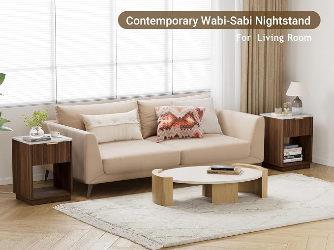 Fluted Nightstand, Night Stand Set 2, Walnut Nightstands Set of 2 with Charging Station and Faux Marble Top, Modern End Table with Drawer & Open Shelf, Bedside Table for Bedroom Living Room - Image 7