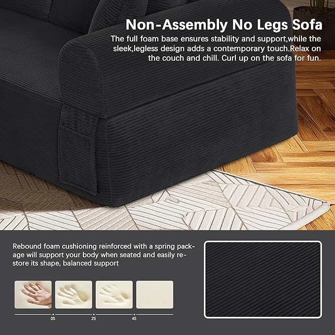 83" Modern Sofa in a Box, No Assembly Oversized 3 Seater 28" Deep Seat Cloud Sofa Bed Couch with 4 Furry Pillows & Corduroy Fabric, Boneless Couch with Side Storage Pockets for Living Room, Black