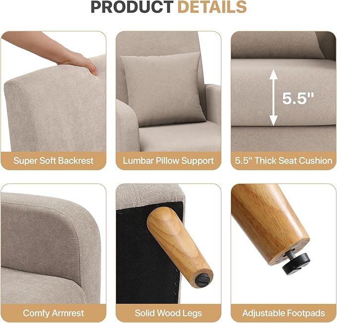 Magshion Mid-Century Accent Chair for Bedroom, Comfy Reading Chair for Living Room, Upholstered Linen Fabric Armchair Single Sofa with Back Pillow & Wood Legs, 300 lbs Capacity, Beige