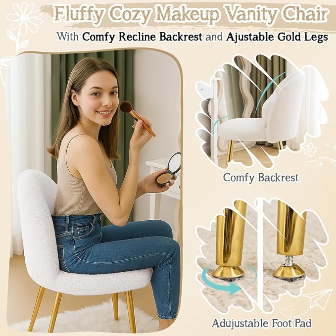 VINGLI Boucle Girls Vanity Chair with Back & Pillow,Cute Small Cozy Desk Chair No Wheels,Comfy Makeup Ch with Ajustable Gold Legs,for Bedroom,Living Room,Small Space,White