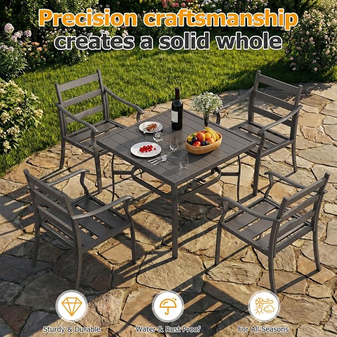 EROMMY 5-Piece Outdoor Patio Dining Set, 4 Metal Slat Chairs & Square Table with Umbrella Hole, All-Weather Patio Furniture for Backyard, Deck and Garden - Image 7