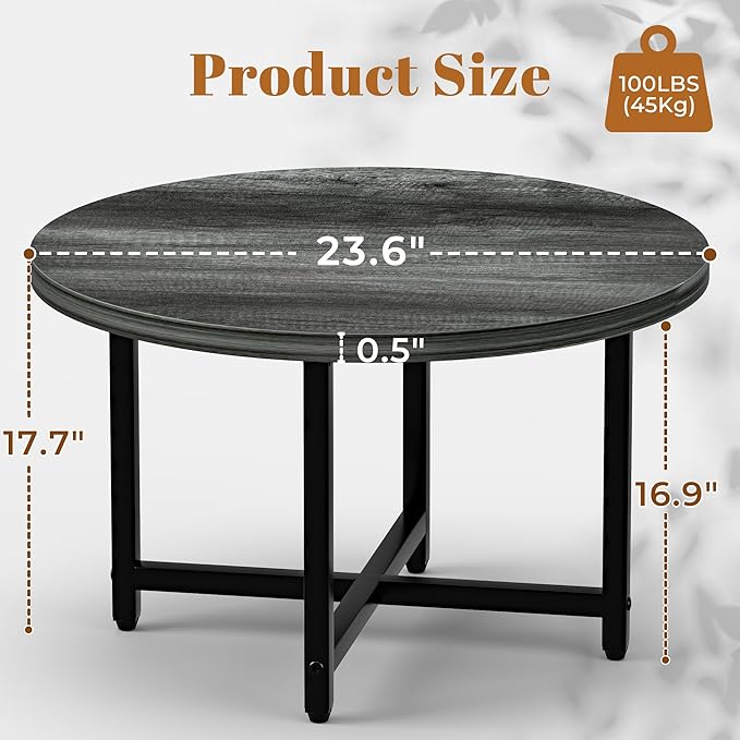 Round Coffee Table, Small Coffee Tables for Living Room, Wood Coffee Table with Metal Frame, Floor Table Desk for Sitting on The Floor, Home, Office, Farmhouse, Dark Gray (23.6" D x 17.7" H)