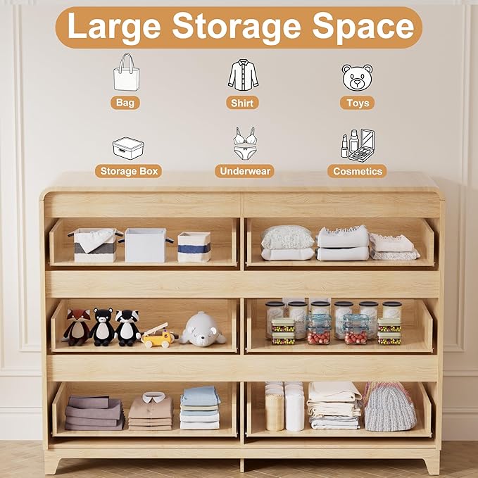 3 Piece Bedroom Furniture Set 6 Drawer Fluted Dresser & 2 Nightstand Sets with Metal Handle, Charging Station & Storage Cabinet, Modern Design for Bedroom/Living Room, Natural