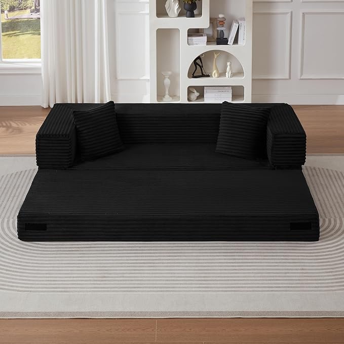 Ball & Cast Modern Upholstered Sofa with 2 Pillows,Boneless Corduroy Couch W/Deep Seat,Convertible Folding Sleeper Sofa Bed for Living Room,Bedroom,Apartment,No Assembly,Black,78"