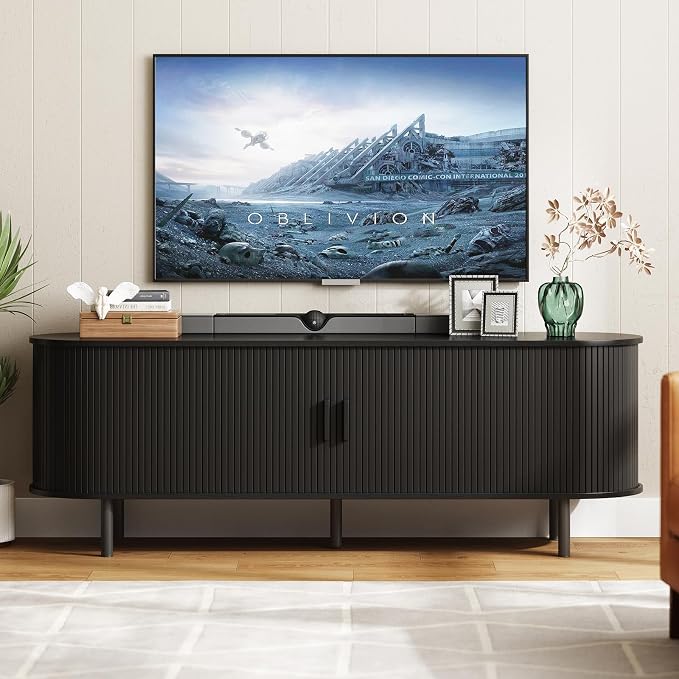 ONBRILL 63" TV Stand with Power Outlet for TVs up to 70 Inch, Entertainment Center with Storage and Adjustable Shelves, Modern Media Console with Sliding Doors for Living Room, Black by ONBRILL