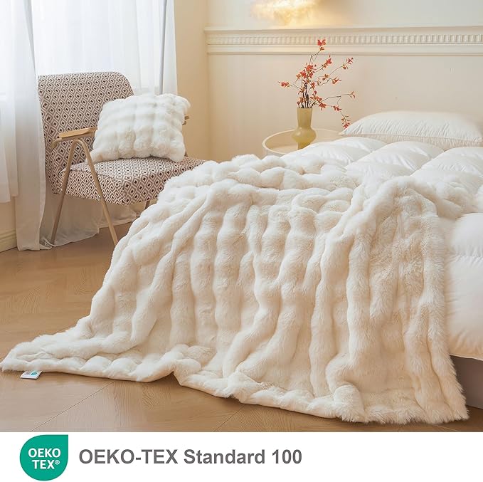 LIFEREVO Luxury Fluffy Faux Rabbit Fur Blanket, Plush Fuzzy Bubble Throw for Couch Sofa, Ivory Comfy Furry Bed Blanket Home Decoration, Aesthetic Shaggy Throw for Bedroom Living Room, 60x90, Beige