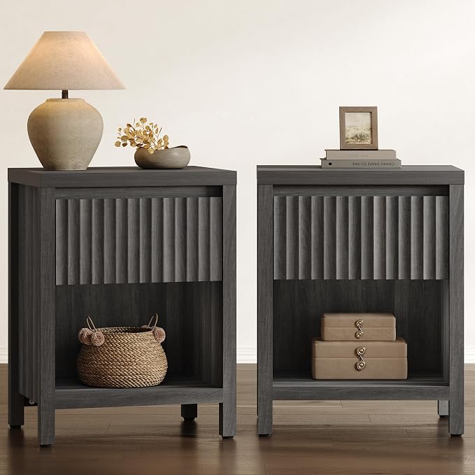 SICOTAS Fluted Night Stand Set of 2, Modern Nightstands with Drawer, Farmhouse Bedside Table with Storage Shelf, Large End Tables Bed Side Tables for Bedroom, Black Oak by SICOTAS