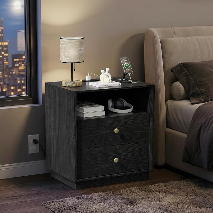 Black Nightstand with Charging Station Set of 2, Wide Bedside Table with 2 Storage Drawer and Open Wood Shelf, Night Stand for Bedroom, Side Table, End Table, Black - Image 7