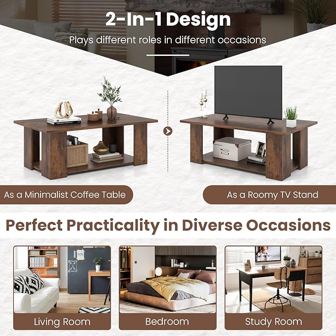 GOFLAME Coffee Table with Storage, Modern Center Table for Small Space, Accent Tea Tables for Living Room, Reception Room, Dining Room, Easy Assembly, Rustic Brown