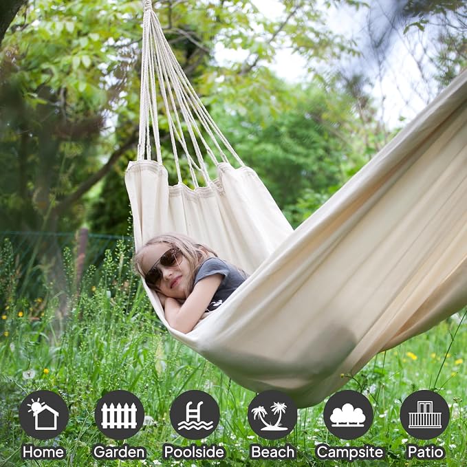 ANYOO Cotton Hammock Portable Camping Hammocks for Hanging Sturdy Garden Comfortable Fabric Hammock with Tree Straps Up to 660lbs with Travel Bag for Camping Outdoor/Indoor Patio Backyard - Image 4