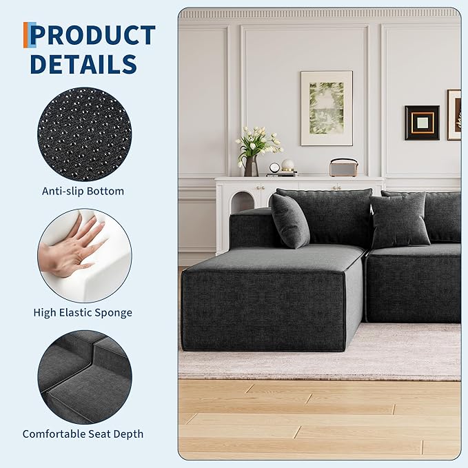 GarveeHome Modular Sectional Couches for Living Room, Cloud Sectional Couch with Deep Seat, 106.7 in Modular L-Shape Sofa with Chaise, Upholstered Couches for Bedroom, Chenille Dark Gray