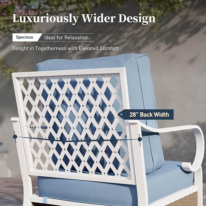 6 Piece Metal Outdoor Patio Furniture Sets, Patio Conversation Sets 1 3-seater Sofa, 4 Single Sofa with 5.75" Extra Thick Cushion and Coffee Table, White Frame Backyard Furniture, Blue