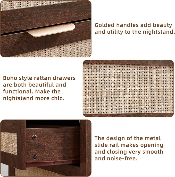 LEYAOYAO 31.5" Wide Rattan Night Stand, Large Boho Nightstand, Bedside Table with Storage, Tall Bed Side End Tables, Chest of Drawers for Bedroom, Living Room, Hallway（Walnut,2 Drawers,2） - Image 5