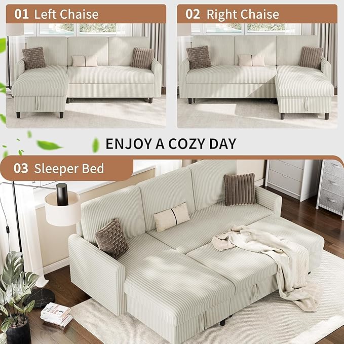 Shintenchi Futon Sofa Bed Convertible Couches L Shaped, 4‑in‑1 Sectional Sleeper Sofa Pull Out Couches for Living Room, Multifunctional Couch with Storage Chaise Corduroy Fabric, White