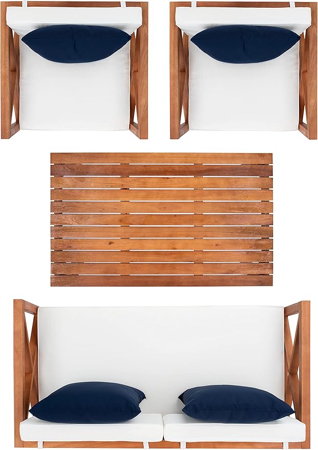 Safavieh PAT7031A Collection Nunzio Teak and White and Navy 4 Pc Accent Pillows Outdoor Set