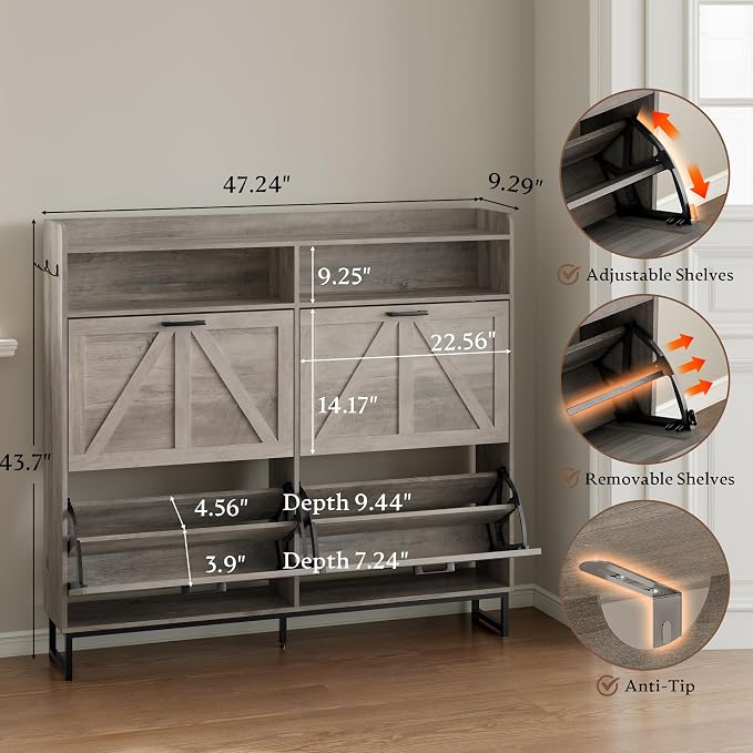 BORNOON Shoe Cabinet with 4 Flip Drawers Narrow Shoe Storage Cabinet Organizer Wooden Freestanding Shoe Rack Hidden Slim Shoes Storage Cabinet for Entryway, Hallway, Living Room, Bedroom - Image 2