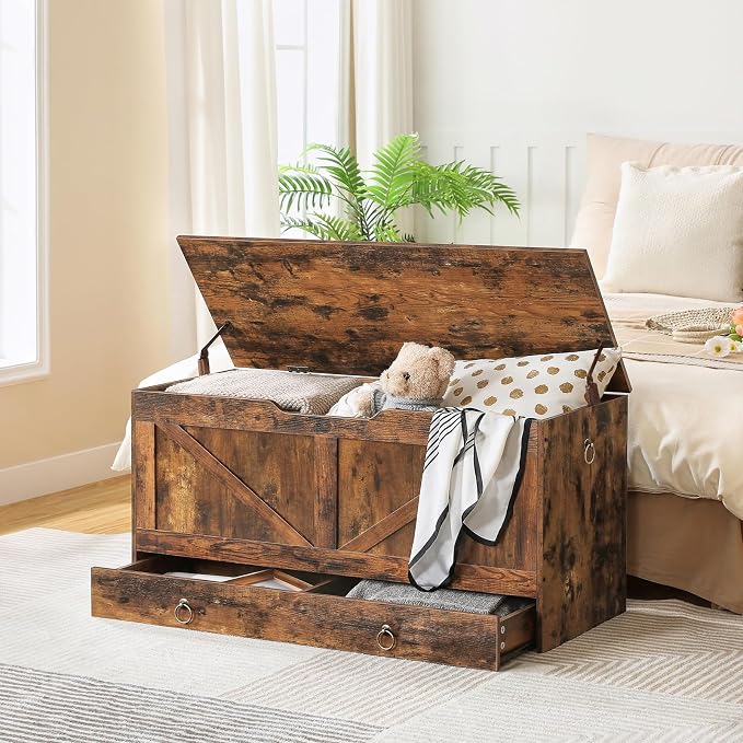 HOOBRO Storage Chest, 39.3" Toy Chest with Drawer, Wooden Storage Bench, Sturdy Entryway Bench Supports 220 lb, Shoe Bench, Safety Hinge, U-Shaped Opening, Easy Assembly, Rustic Brown FG710CW01G1 - Image 2