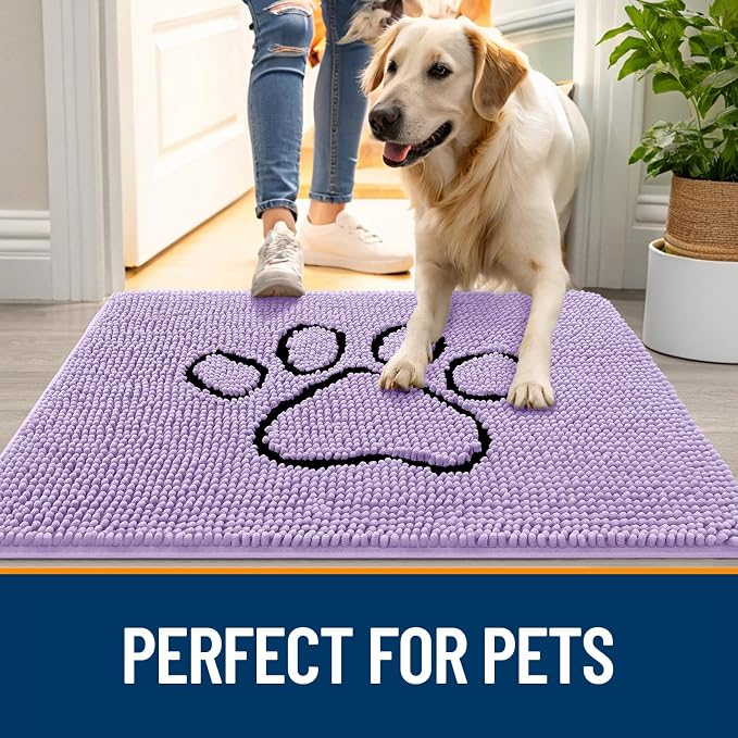 OLANLY Dog Door Mat for Muddy Paws 48x30, Paw Print Design, Absorbs Moisture and Dirt, Absorbent Non-Slip Washable Doormat, Quick Dry Chenille Mud Mat for Dogs, Entry Indoor Entryway Carpet, Lavender - Image 6