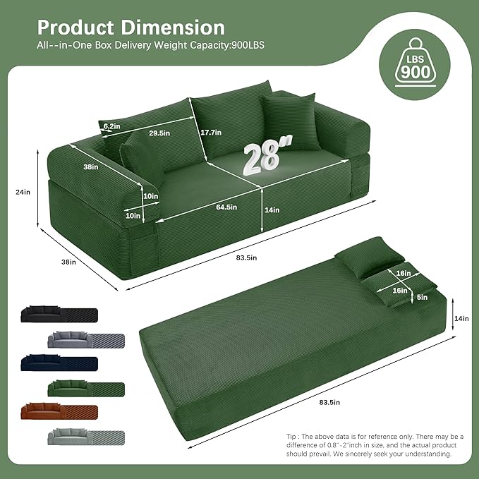 83" Modern Sofa in a Box, No Assembly Oversized 3 Seater 28" Deep Seat Cloud Sofa Bed Couch with 4 Furry Pillows & Corduroy Fabric, Boneless Couch with Side Storage Pockets for Living Room, Green