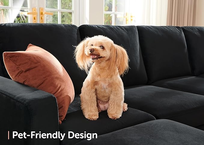 HONBAY Velvet U-Shaped Sectional Couch with Storage,Modular Sectional Sofa with Storage Ottoman Convertible L-Shaped Sofa for Living Room, Black