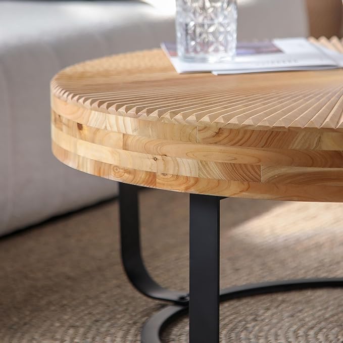 Wood Round Coffee Table, Farmhouse Circle Coffee Table with Metal Base, 31.5" Round Center Table for Living Room Office Natural+Black