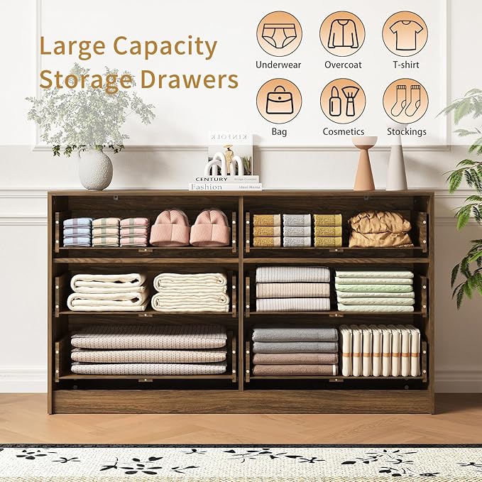 6 Drawer Dresser and Nightstand Sets for Bedroom, 3 Pcs Bedroom Set, Night Stand Set of 2 & 6 Drawer Dresser with Gold Handles, Modern Wood Chest of Drawers Storage Cabinet Set, Natural