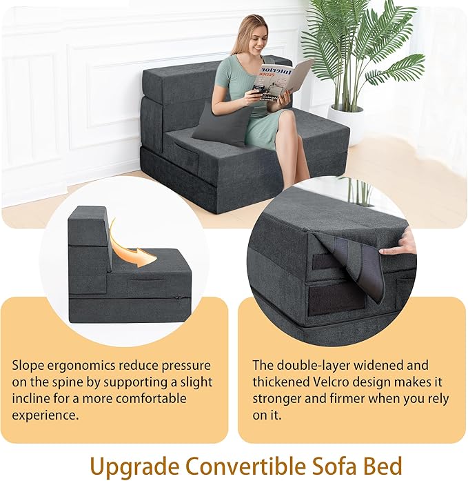 Folding Sofa Bed Chair with Pillow,Convertible Fold Out Chair Bed Sleeper,Foam Floor Mattress, Foldable Futon Couch Bed for Living Room/Dorm/Guest/Office (Grey, Twin)
