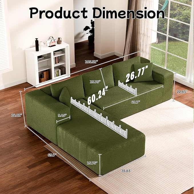 Cloud Sectional Couch, 105” Fluffy Modular L-Shape Sofa with Right Chaise Lounge, Modular Sectional Sofa in a Box, Boneless Couch for Living Room, No Assembly Required, Wool Green