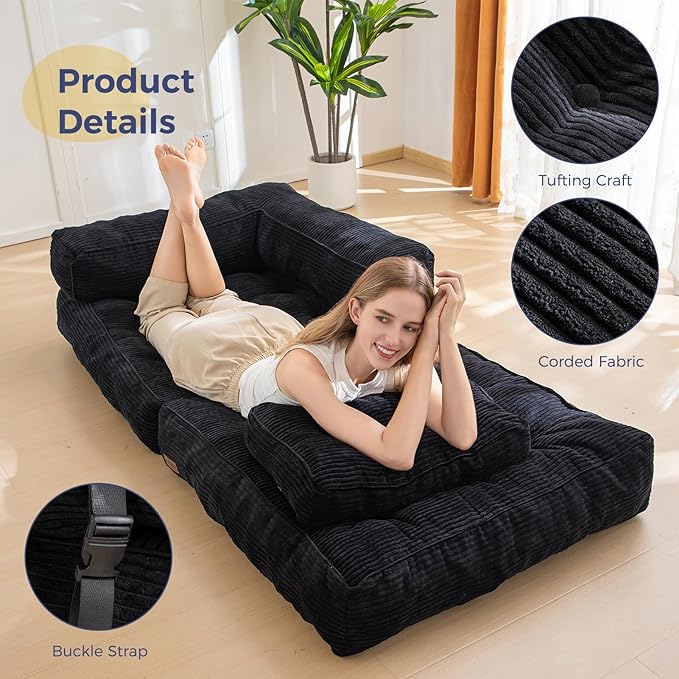 MAXYOYO Folding Sofa Bed, L-Shaped Convertible Sofa with Armrest Foldable Sleeper with Pillow, Portable Fold Out Chair Bed Comfy Floor Lounge for Living Room Bedroom, Black