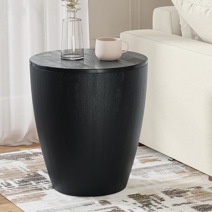 SIMPLIHOME Elmbrook End Table - 21 inch Wide Solid Mango Wood Round Drum Table with Vertical Panel Detailing in Black, Modern Nightstand or Plant Stand for Living Room or Bedroom, Assembled