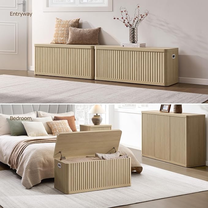 SICOTAS Storage Bench 80.4" Wide Shoe Bench with Lift Top Large Wooden Storage Chest Trunk Modern Blanket Chest with 4 Safety Hinges & Seating for Bedroom Entryway Living Room Hallway - Image 6