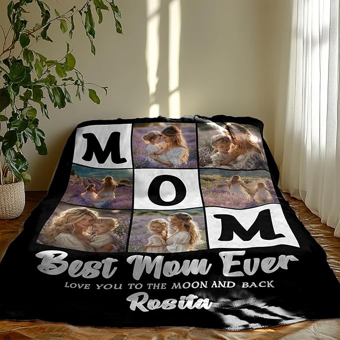 Personalized Mothers Day Birthday Gifts for Mom From Daughter Son Kids, Best Mom Ever Custom Blanket with Photos Text, Personalized Christmas Valentines Day Unique Gifts for Wife From Husband