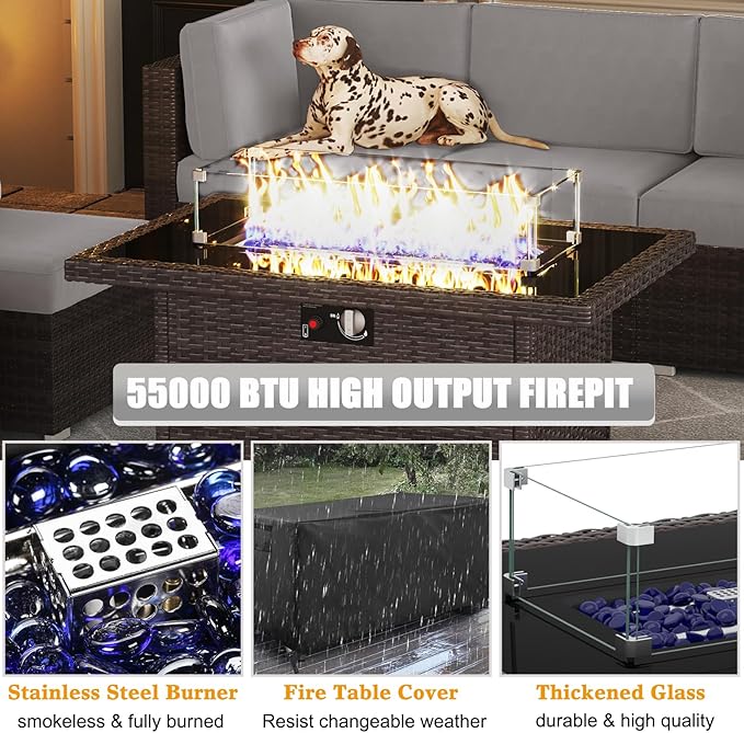 LayinSun 8 Pieces Outdoor Patio Furniture Set with 44" Fire Pit Table Brown Rattan Sectional Sofa Conversation Sets