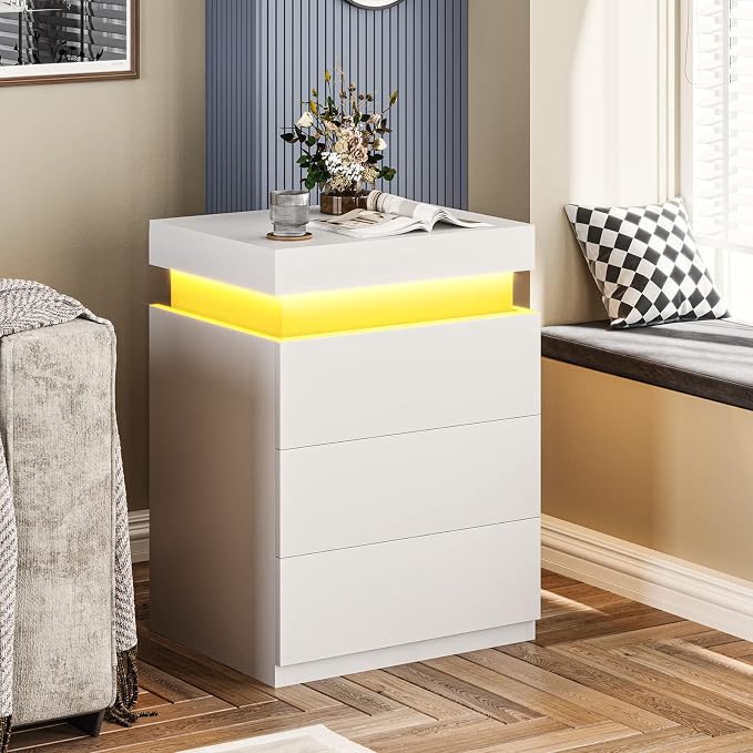 ADORNEVE Nightstand with Charging Station and LED Lights,Night Stand with Sliding Top for Bedroom,Bedside Table with Drawers,Modern End Side Table,White - Image 7