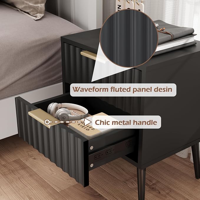 JOMEED Solid Wood Nightstand with 2 Fluted Drawers & Adjustable Shelf, Multi-Use Bedside Table, End Table for Bedroom, 15.74" D x 17.71" W x 21.65" H, Black - Image 3