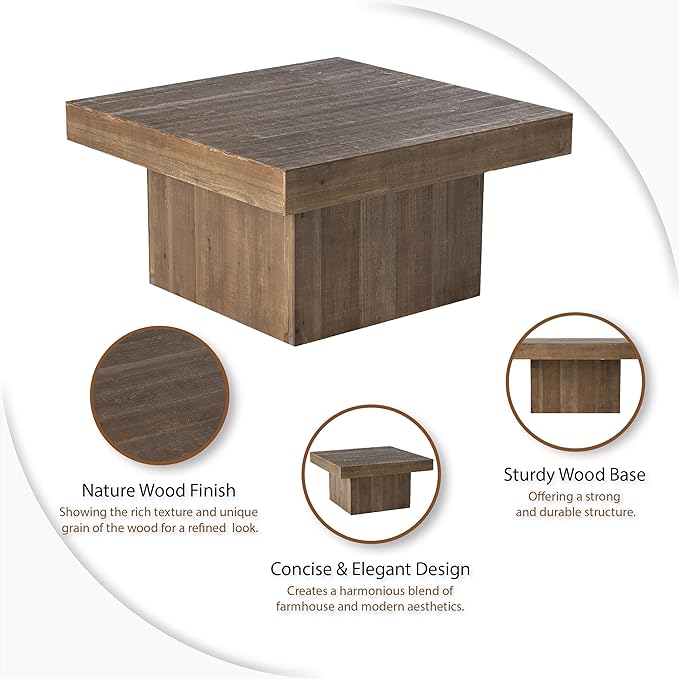 COZAYH Modern Farmhouse Wood Block Coffee Table, Rustic Square Table Chunk Table with Cubic Base for Family, Living Room, Lounge, Nature Wood Finish, Sturdy, Distressed, Rectangle