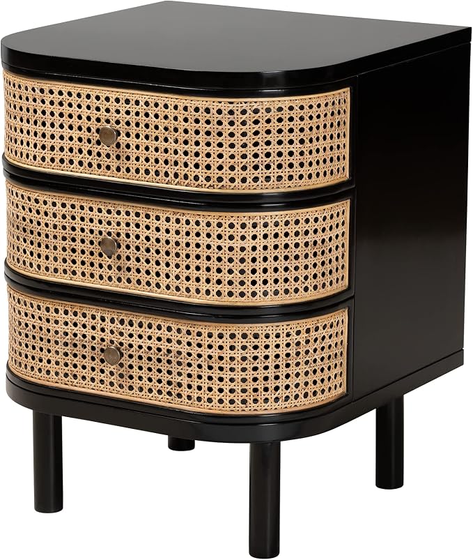 bali & pari Nabila Modern Bohemian Black Bayur Wood and Natural Rattan 3-Drawer End Table Nightstand by BaxtonStudio