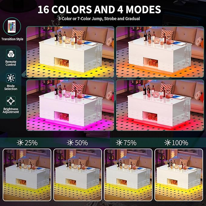 YITAHOME LED Lift Top Coffee Tables for Living Room with Power Outlets Charging Station, Modern Coffee Table with Storage 2 Drawers and Open Shelfs Rectangular Small Coffee Table Decor, Glossy White