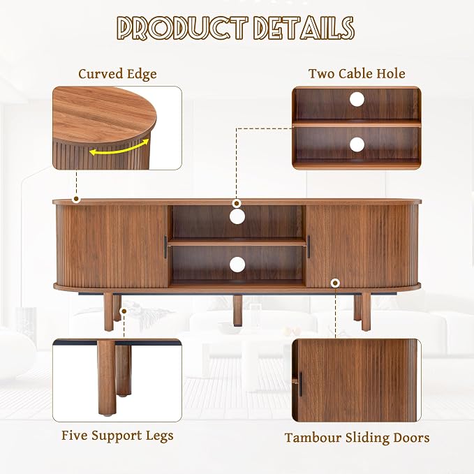 FurSch 53" Tambour Door TV Stand,Wood Mid Century Modern TV Cabinet for Up to 65“ TV,Curved Edge Long TV Stand with Storage for Bedroom Living Room(Walnut, 54inch) - Image 4