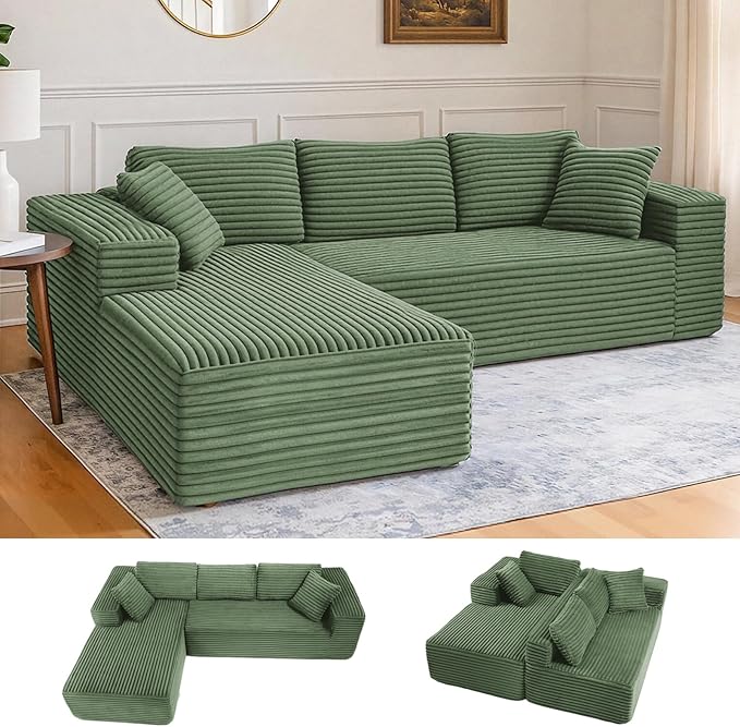 LUCKLIFE Modular Sectional Couch with L-Shape Chaise,Corduroy Upholstery Boneless Couches for Living Room,Oversized Sleeper Sofa,No Assembly Required (Green, L Shape with Left Facing Chaise)