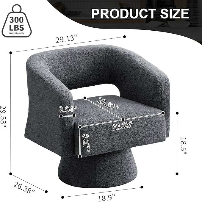 ClinQ Swivel Barrel Accent Chair, Oversized Teddy Upholstered Round Swivel Chairs Set of 1, Modern Luxury 360° Living Room Vanity Chair for Bedroom Office&Living Room, Grey