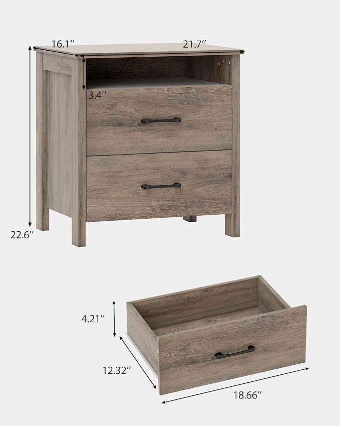 Farmhouse Nightstand, Rustic Nightstand with 2 Large Drawers, Wood End Table with Open Shelf, Bedside Table for Bedroom, Light Brown - Image 2