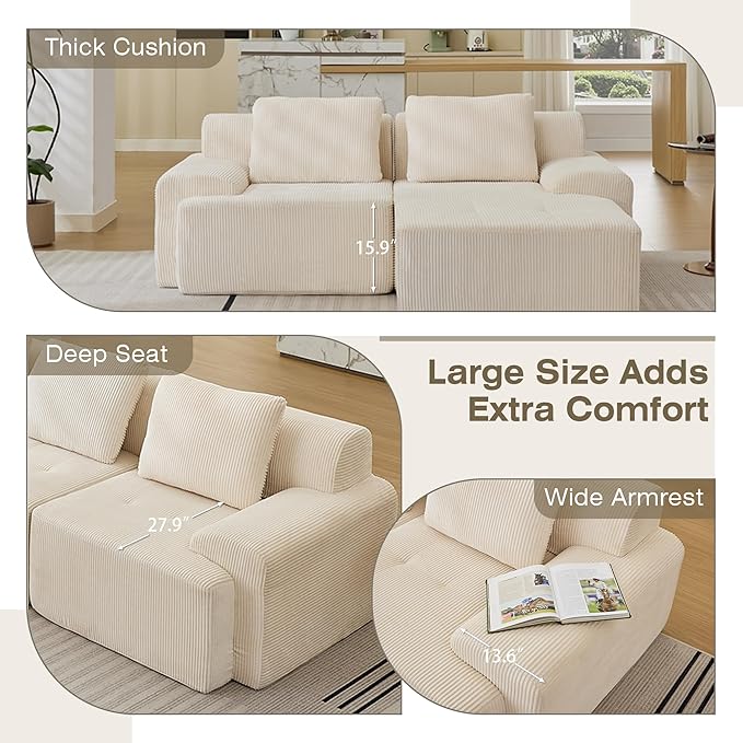 Modular Sectional Sofa, Boneless Couches for Living Room, Corduroy Couch, Big Comfy Couch, Modular Cloud Sofa with Deep Seat (White, 3 Pieces-L Shape)