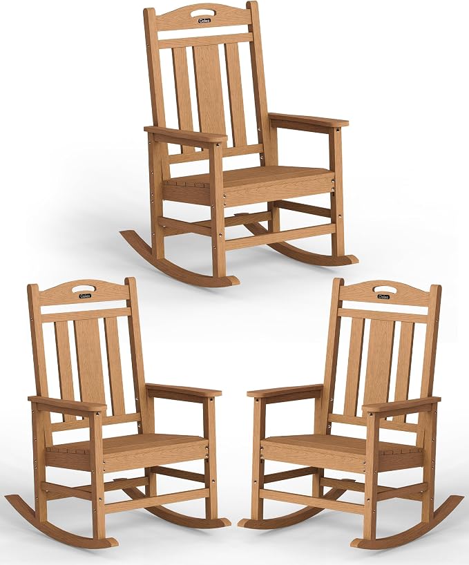 Ciokea Oversized Outdoor Rocking Chairs Set of 3, 380lbs Heavy-Duty Large Patio Rocker, High Back Cozy Porch Chairs, Weather Resistant Patio Rocking Chairs for Outside, Fire Pit, Deck, Teak by CIOKEA