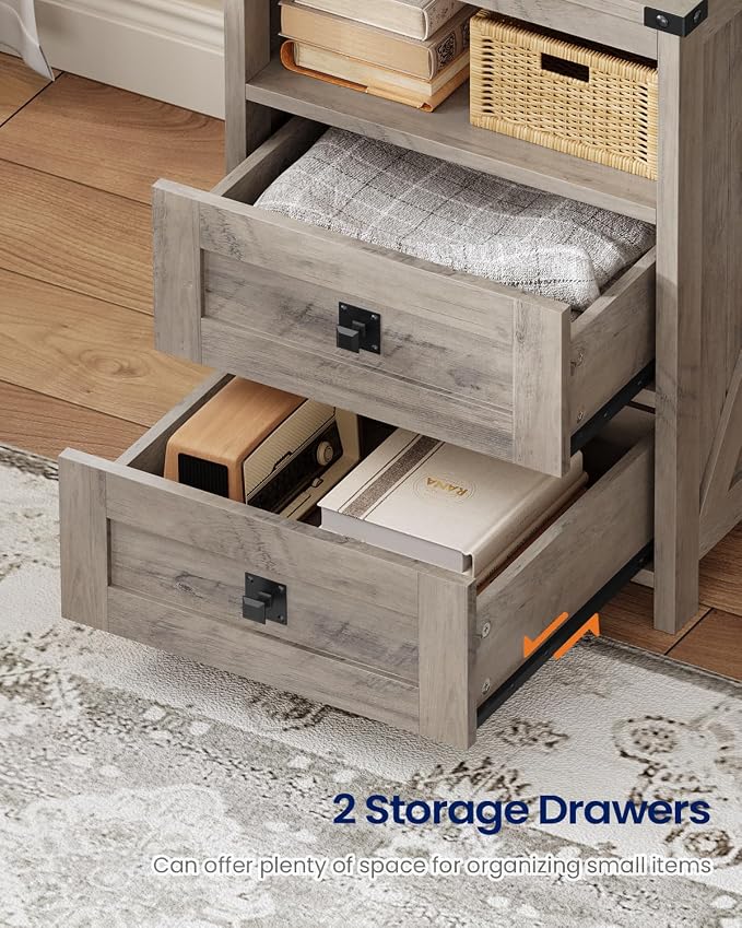 Farmhouse Tall Nightstand Set of 2 with Charging Station and 2 Drawers,Led Night Stand Set of 2 with Bookshelf,Bedside End Side Table with Storage Shelves for Bedroom, Grey - Image 8