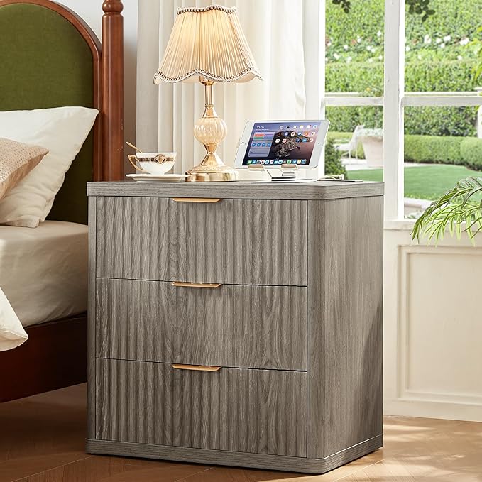 LEYAOYAO Fluted Dressers & Nightstand Set of 4, Wood 48" Wide Dresser & 42" Tall Chest of Drawers,Modern Bedroom Furniture Sets, Grey Wooden Nightstand Set of 2 with 3 Drawers & Charging Station