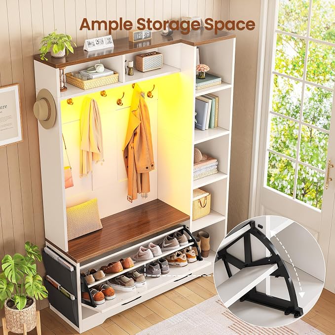 Itaar Hall Tree with Bench and Shoe Storage, Farmhouse Entryway Bench with Coat Rack, Shoe Cabinet with Flip Drawers, 7 Shelves, 10 Coat Hooks, Storage Bag, Led Lights, White - Image 5