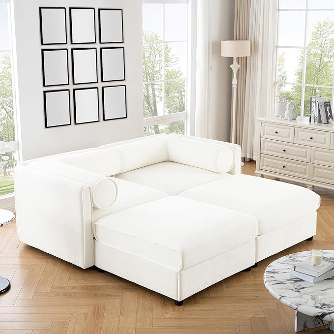 KEIKI 76" Modular Loveseat Chenille Sectional Sofa with Storage Seat and 2 Ottoman, Modern Style 2-Seater Couch with Cylindrical Backrest and Armrests, Easy Assembly, for Apartment, Living Room, White