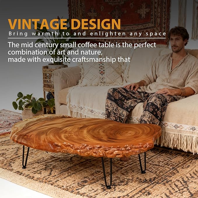 Live Edge Natural Wood Coffee Table - Handmade Center Table for Living Room, Rustic Modern Farmhouse & Contemporary Organic Design with Metal Hairpin Legs (Walnut, Brown)